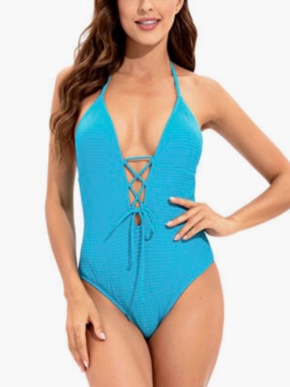 Lucky Brand Golden Wave Textured Plunging One Piece, Teal Blue, Small